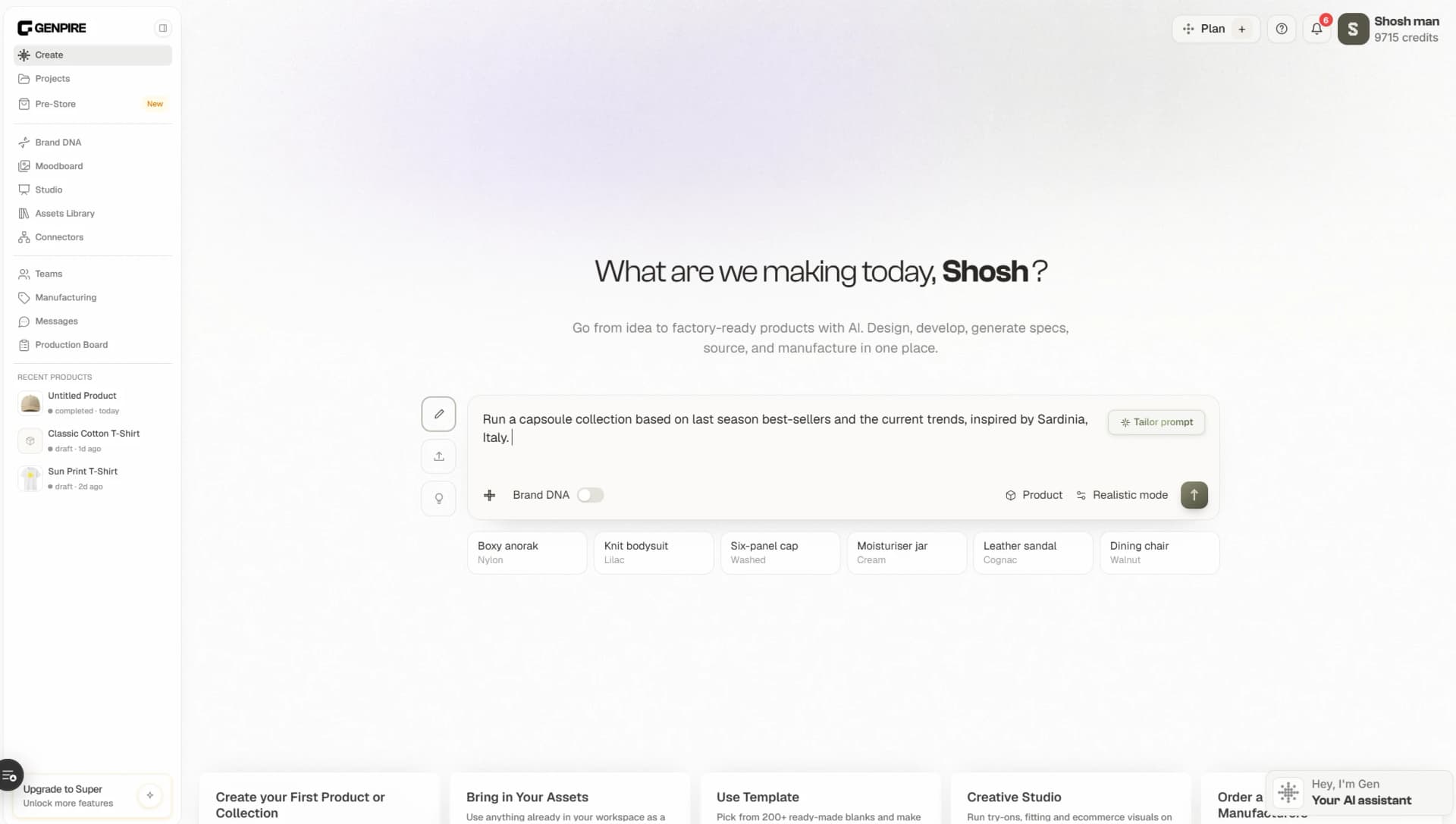 The Genpire home screen: one prompt describing a capsule collection, with Brand DNA and Realistic mode toggles